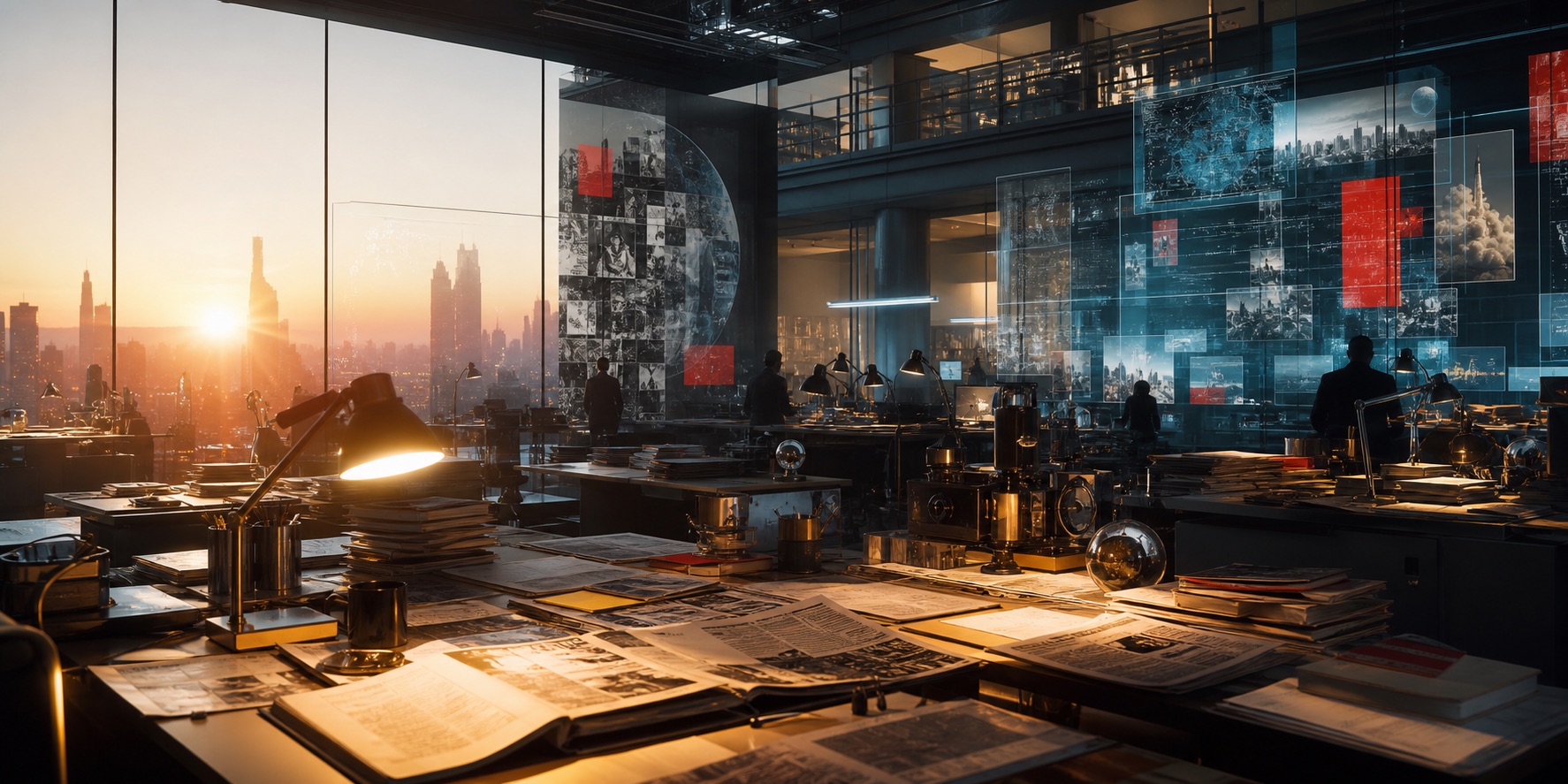 A dawn-lit newsroom with desks, papers, lamps, city windows, and floating editorial displays.